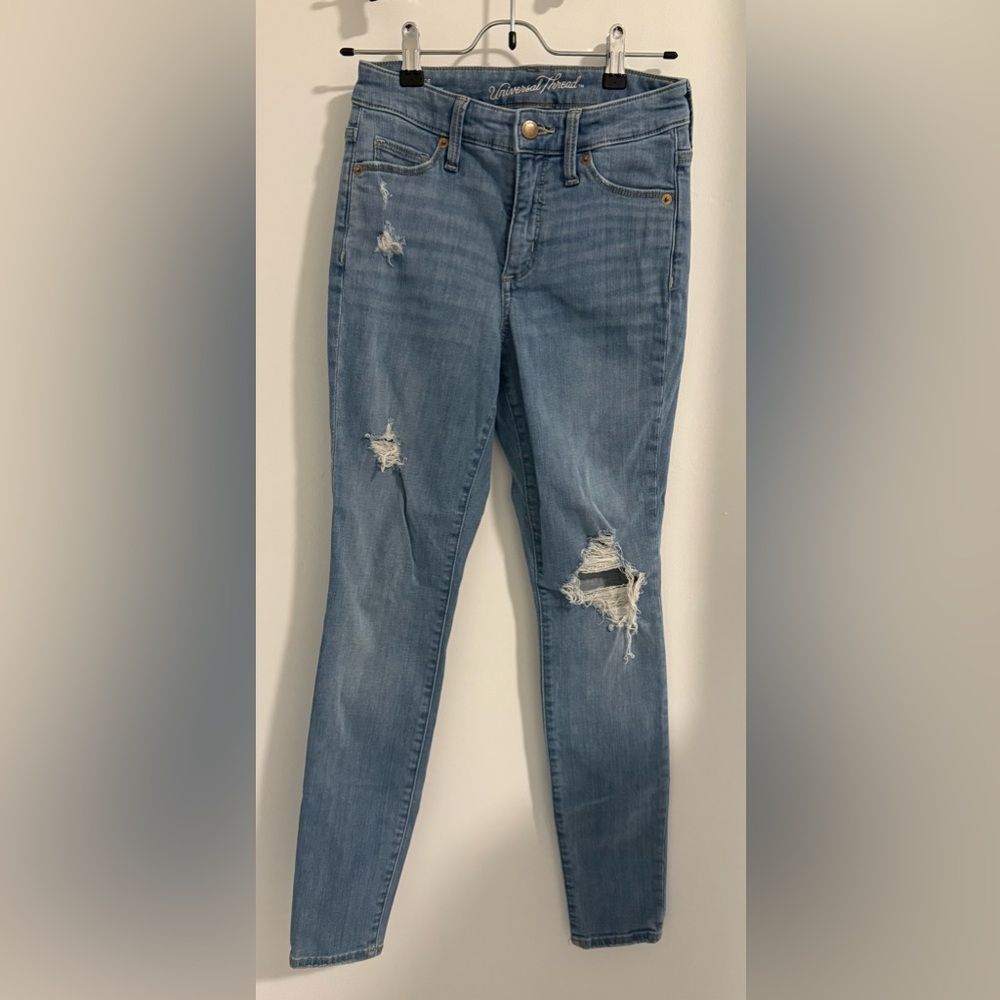 Universal Thread Blue Straight Leg Jeans with Distressed Details